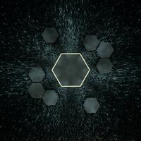 Hexagon cube with dark background, surrounded by glowing lines, 3d rendering. photo