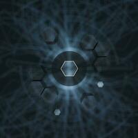 Hexagon cube with dark background, surrounded by glowing lines, 3d rendering. photo