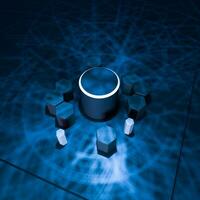Hexagon cube with dark background, surrounded by glowing lines, 3d rendering. photo