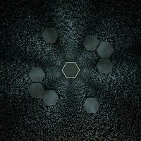 Hexagon cube with dark background, surrounded by glowing lines, 3d rendering. photo