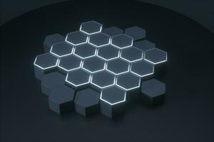 Dark hexagonal platforms connected together background, 3d rendering photo