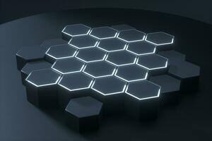Dark hexagonal platforms connected together background, 3d rendering photo