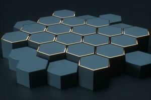 Dark hexagonal platforms connected together background, 3d rendering photo