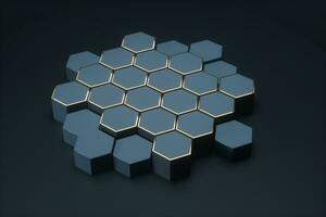 Dark hexagonal platforms connected together background, 3d rendering photo