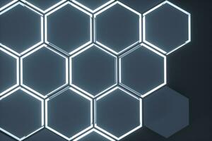 Dark hexagonal platforms connected together background, 3d rendering photo