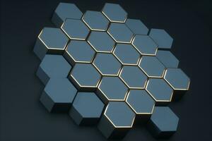 Dark hexagonal platforms connected together background, 3d rendering photo