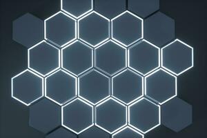 Dark hexagonal platforms connected together background, 3d rendering photo