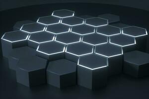 Dark hexagonal platforms connected together background, 3d rendering photo