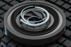 3d rendering, camera lens in a dark studio background photo