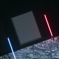 Glowing neon tubes and marble background, 3d rendering. photo