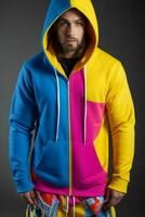 a man in a colorful hoodie photo