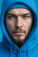 a man in a hoodie with a solid color background photo