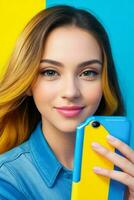 Stunning woman holding a mobile phone with a bright background. Pro Photo