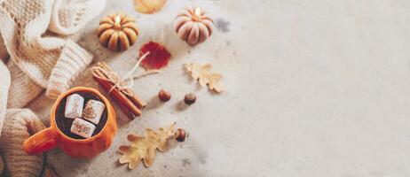 Autumn still life. Cocoa mug and marshmallow, pumpkin candles, knitted sweater, cinnamon sticks and autumn leaves. Top view, flat lay. Banner for web site. photo