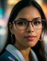Woman with glasses standing in the street. Pro Photo