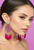 Woman with bare shoulders fluffy earrings jewelry luxury. Pro Photo