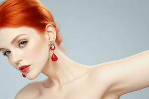 Woman with bare shoulders fluffy earrings jewelry luxury. Pro Photo