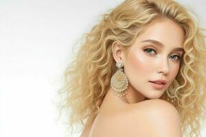 Woman with bare shoulders fluffy earrings jewelry luxury. Pro Photo