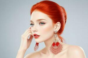 Woman with bare shoulders fluffy earrings jewelry luxury. Pro Photo