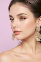 Woman with bare shoulders fluffy earrings jewelry luxury. Pro Photo