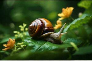 un hélice pomatía, comúnmente conocido como el romano caracol o borgoña caracol. esta majestuoso criatura, con sus en forma de espiral cáscara foto