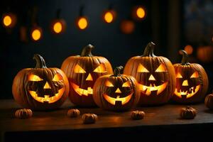 fotografía de un brillante calabaza linterna, sus parpadeando ligero esclarecedor un escalofriante Víspera de Todos los Santos noche celebracion. foto