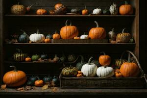 un foto realista imagen de un calabaza parche con un variedad de calabazas en diferente formas, tamaños y colores.