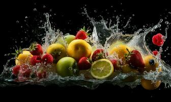 a photo realistic image of a bunch of fruits splashing into water.