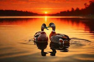 a swan swimming in a lake at sunset. photo