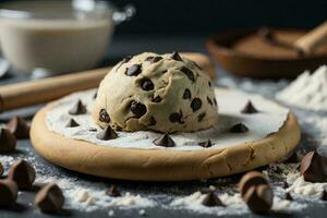 cookie dough ball with chocolate chips on a wooden rolling pin. photo