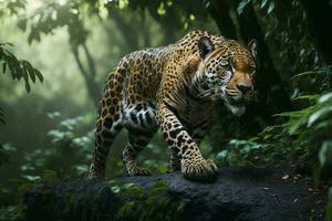 un hermosa y en peligro de extinción americano jaguar en sus natural hábitat. foto