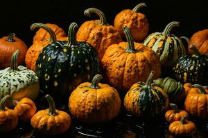 a photo realistic image of a pumpkin patch with a variety of pumpkins in different shapes, sizes and colors.