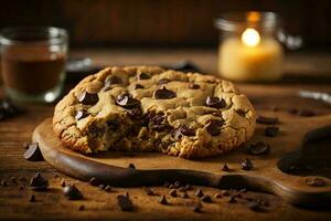 hecho en casa chocolate chip Galleta metido en un rústico de madera mesa foto