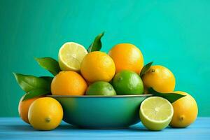 Food Photography of a vibrant collection of citrus fruits, including oranges, lemons, and grapefruits. photo