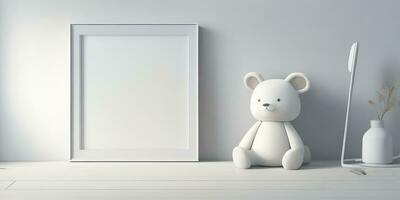 White Frame kids room with bear doll Ai Generate photo