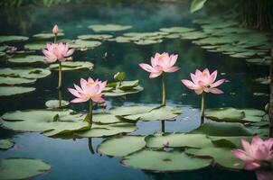 Botanical Photography of a pool in a natural setting, where the surface is adorned with delicate pink lotus flowers and lily pads. photo