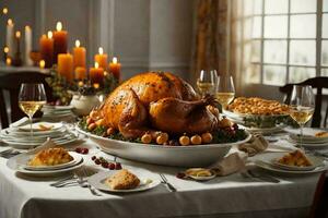 Thanksgiving dinner table setting with a roasted turkey on a white platter photo