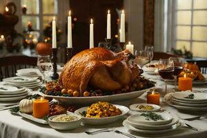 Thanksgiving dinner table setting with a roasted turkey on a white platter photo