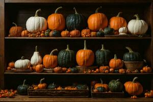 a photo realistic image of a pumpkin patch with a variety of pumpkins in different shapes, sizes and colors.