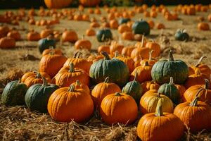 a photo realistic image of a pumpkin patch with a variety of pumpkins in different shapes, sizes and colors.