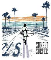 Handmade vector colorful illustration of surfer walking to the beach. Editable art for prints on t-shirts, posters and etc.