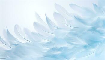 resumen blanco plumas que cae en azul cielo. hermosa suave y ligero blanco mullido plumas flotante. resumen. ligero de blanco pluma flotante. generado ai ilustración foto