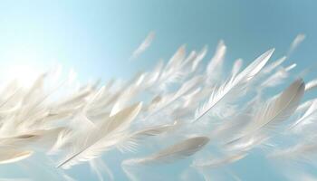 Abstract white feathers falling in blue sky. Beautiful Soft and Light White Fluffy Feathers Floating. Abstract. Light of white feather floating. Generated AI illustration photo