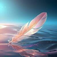 Bird Feather On colorful background. Elegant Softness Feather Floating And Drifting On Purity Wavy Liquid. Abstract. Generated AI illustration. photo