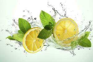 Fresh lemon and mint falling into water with splash, isolated on white background. photo