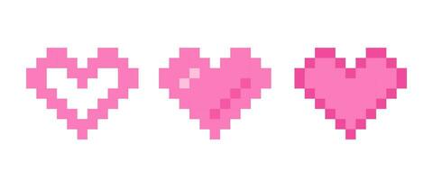 Vector set icons of heart in pixel art style for Valentines day.