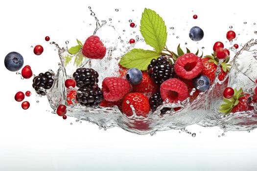Fresh berries falling into water with splash, isolated on white background. photo