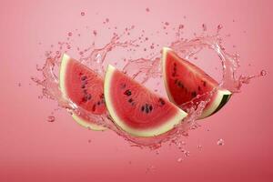 Watermelon slices with water splashes, isolated on pink background. photo