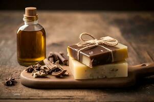 Handmade soap and a small glass bottle of oil on wooden background. Homemade diy soap making image. photo