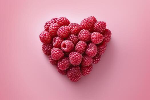 Heart made of fresh raspberries on pink background, top view. photo